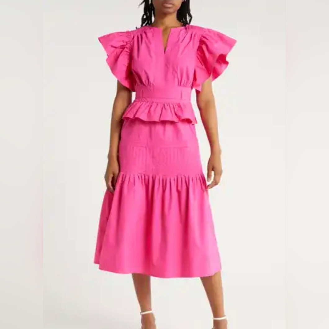 Wishlist Apparel Fuchsia Pink Ruffle Sleeve Peplum Midi Dress Women’s Small Nwt